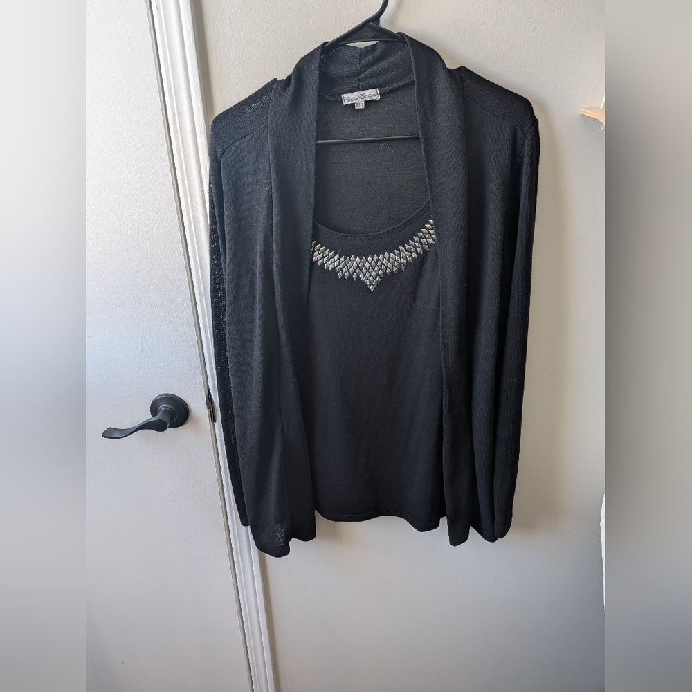 Vintage Chic Black Women's Cardigan with Embellished Neckline Attached Top